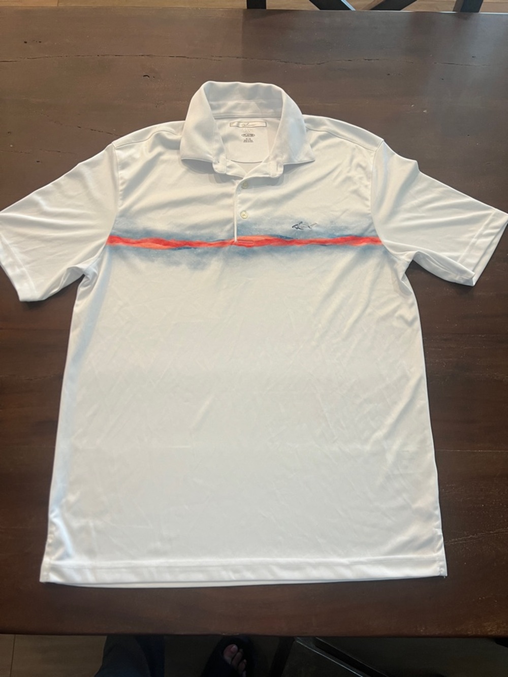 Greg Norman Collection White Polo with Coral Chest Stripe - Size Med